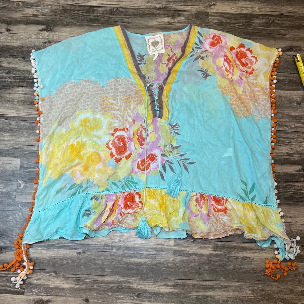 ZL Europe Boho‎ Floral Kaftan Cover Up Aqua Cotton Pom Pom Tunic Beach Resort OS
